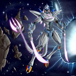 Rule 34 | dual wielding, energy sword, glowing, glowing eyes, highres, holding, holding sword, holding weapon, lady-yuna7, looking at viewer, mecha, no humans, no pupils, portal (object), purple eyes, robot, sincline (mecha), space, star (symbol), sword, tagme, tail, voltron: legendary defender, voltron (series), weapon