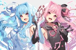 Rule 34 | 2girls, :d, beamed eighth notes, beamed sixteenth notes, black bow, black dress, black gloves, blue hair, blue ribbon, blush, bow, breasts, commentary, dress, eighth note, elbow gloves, gloves, grey background, hair bow, hair ribbon, hands up, kotonoha akane, kotonoha aoi, medium breasts, microphone, microphone stand, multiple girls, musical note, open mouth, pink hair, pink ribbon, purple eyes, quarter note, ribbon, siblings, sisters, sleeveless, sleeveless dress, smile, synthesizer v, treble clef, twins, upper body, voiceroid, white bow, white dress, white gloves, yappen