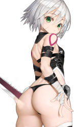Rule 34 | 1girl, :&lt;, absurdres, arm belt, ass, bandaged arm, bandaged hand, bandages, bare shoulders, belt, belt buckle, black belt, black panties, black shirt, blush, breasts, buckle, closed mouth, commentary request, dagger, facial scar, fate/apocrypha, fate/grand order, fate (series), from behind, frown, green eyes, grey hair, hair between eyes, highres, holding, holding knife, huge ass, jack the ripper (fate/apocrypha), knife, looking at viewer, looking back, nyatabe, panties, scar, scar across eye, scar on cheek, scar on face, shirt, short hair, shoulder tattoo, simple background, sleeveless, sleeveless shirt, small breasts, solo, tattoo, thick thighs, thighhighs, thighs, underwear, weapon, white background, wide hips