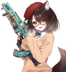 Rule 34 | 1girl, :d, animal ear fluff, animal ears, apex legends, beret, black ribbon, brown-framed eyewear, brown eyes, brown hair, brown sweater, collared shirt, commentary request, dress shirt, eyes visible through hair, fang, glasses, gun, hair over one eye, hat, holding, holding gun, holding weapon, light up, long sleeves, looking at viewer, neck ribbon, open mouth, red hat, ribbon, semi-rimless eyewear, shirt, simple background, sleeves past fingers, sleeves past wrists, smile, solo, sweater, tail, under-rim eyewear, upper body, virtual youtuber, weapon, weapon request, white background, white shirt, wolf ears, wolf girl, wolf tail, yamabukiiro, yuzuki uru