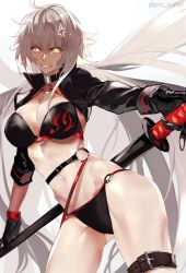 Rule 34 | 1girl, ahoge, anger vein, bikini, black bikini, black jacket, breasts, cleavage, collarbone, cowboy shot, cropped jacket, fate/grand order, fate (series), jacket, jeanne d&#039;arc alter (swimsuit berserker) (fate), jeanne d&#039;arc (fate), jeanne d&#039;arc alter (fate), jeanne d&#039;arc alter (swimsuit berserker) (fate), large breasts, long hair, looking at viewer, o-ring, pvc parfait, shrug (clothing), silver hair, simple background, solo, swimsuit, sword, twitter username, weapon, white background, yellow eyes