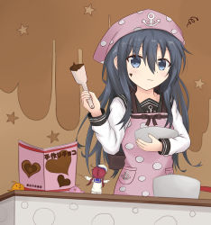 Rule 34 | 1girl, akatsuki (kancolle), anchor symbol, apron, beret, bird, black hair, blue eyes, blush, bow, bowl, brown background, chibi, chocolate, chocolate on face, closed mouth, commentary request, fairy (kancolle), fingernails, food, food on face, hair between eyes, hair bow, hat, head scarf, holding, holding bowl, kantai collection, long hair, long sleeves, looking away, looking to the side, low twintails, mixing bowl, moai21, pink apron, pink bow, pocket, pointing, polka dot, polka dot apron, red hair, sailor, school uniform, serafuku, shirt, spatula, squiggle, star (symbol), starry background, twintails, valentine, wavy mouth, white hat, white shirt