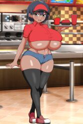 Rule 34 | 1girl, absurdres, black hair, black thighhighs, blurry, blurry background, breasts, brown hair, burger, calcia (soulkibble), curvy, dark-skinned female, dark skin, female focus, fries, full body, hat, highres, huge breasts, looking at viewer, no bra, open mouth, original, photo background, shiny clothes, shiny skin, short hair, short shorts, shorts, skindentation, smile, soda, solo, soulkibble, standing, thick thighs, thighhighs, thighs, underboob, uniform, waitress, walking, whale tail (clothing), wide hips, working!!, zettai ryouiki