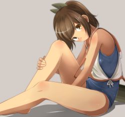 Rule 34 | 10s, 1girl, bad id, bad pixiv id, bare shoulders, blush, brown eyes, brown hair, from side, i-401 (kancolle), kantai collection, looking at viewer, mobu-312, one-piece swimsuit, personification, ponytail, sailor collar, school swimsuit, school uniform, short hair, short ponytail, simple background, smile, solo, swimsuit, swimsuit under clothes, tan