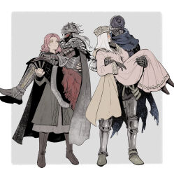 Rule 34 | 2boys, 2girls, armor, armored boots, black cape, blonde hair, blue scarf, blush, boots, breasts, brown footwear, cape, carrying, character request, check character, coat, commentary request, covered face, dress, elden ring, embarrassed, facial mark, facing to the side, full armor, full body, gauntlets, gloves, grey background, grey cape, grey coat, grey dress, grey gloves, grey pants, hand on another&#039;s back, hand on another&#039;s shoulder, hand on own face, hat, height difference, helmet, highres, kero 1110, knee boots, long hair, looking at another, medium breasts, melina (elden ring), multiple boys, multiple girls, one eye closed, outside border, pants, pauldrons, pink hair, plate armor, princess carry, profile, roundtable knight vyke, scarf, shoulder armor, simple background, standing, tarnished (elden ring), thigh boots, veil, vyke&#039;s finger maiden, white dress, white hair
