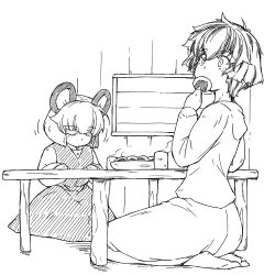 Rule 34 | 2girls, animal ears, closed eyes, commentary request, cup, food, food in mouth, greyscale, indoors, long sleeves, monochrome, mouse ears, multicolored hair, multiple girls, nazrin, seiza, senbei, shirt, short hair, sitting, skirt, sleeping, sleeping upright, steam, streaked hair, sunatoshi, table, toramaru shou, touhou, vest, white shirt, yunomi