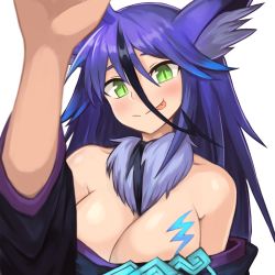 Rule 34 | 1girl, :p, animal ears, bad link, bare shoulders, blue hair, blush, breasts, cleavage, commission, fur collar, green eyes, hair between eyes, highres, incoming headpat, japanese clothes, kimono, large breasts, long hair, monster girl encyclopedia, multicolored hair, off shoulder, raiju (monster girl encyclopedia), second-party source, simple background, slit pupils, solo, sookmo, streaked hair, tongue, tongue out, upper body, white background