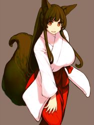 Rule 34 | 1girl, animal ears, bad id, bad pixiv id, breasts, brown background, brown hair, fox ears, fox girl, fox tail, highres, huge breasts, japanese clothes, long hair, looking at viewer, miko, mogu (kanikama mgmg), original, red eyes, simple background, smile, solo, tail