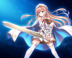Rule 34 | 1girl, blonde hair, blue background, blue eyes, blush, braid, breasts, cape, claudis de atrustia, closed mouth, detached sleeves, dress, floating hair, game cg, garter straps, hair ornament, highres, holding, holding sword, holding weapon, ko~cha, large breasts, long hair, long sleeves, short dress, sleeveless, sleeveless dress, solo, standing, sweatdrop, sword, thighhighs, twin braids, very long hair, weapon, white cape, white dress, white sleeves, white thighhighs, x hair ornament, yuukyuu no campanella, zettai ryouiki