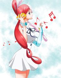 Rule 34 | 1girl, absurdres, bare legs, bare shoulders, breasts, dress, hair rings, headphones, highres, idol, long hair, long sleeves, looking at viewer, looking up, multicolored hair, musical note, neck ribbon, one piece, purple eyes, red hair, ribbon, simple background, single sleeve, sleeveless, sleeveless dress, smile, solo, standing, two-tone hair, uta (one piece), very long hair, white dress, white hair