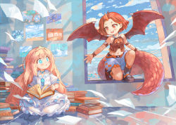 Rule 34 | 2girls, :d, armlet, blonde hair, blue eyes, blue sky, book, bracelet, choker, cloud, cloudy sky, commentary, dragon girl, dragon horns, dragon tail, dragon wings, drawing (object), dress, english commentary, eyes visible through hair, forehead, frilled dress, frills, full body, garun wattanawessako, horns, jewelry, kneeling, long hair, looking at another, multiple girls, navel, open mouth, original, paper, parted bangs, parted lips, puffy short sleeves, puffy shorts, puffy sleeves, reaching, red eyes, red hair, short hair, short sleeves, shorts, sidelocks, single horn, sitting, sky, sleeveless, smile, stomach, tail, tiara, white dress, wind, window, wings