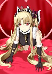 Rule 34 | 1girl, all fours, barefoot, bed sheet, black gloves, blonde hair, breasts, elbow gloves, ereshkigal (fate), fate/grand order, fate (series), fur trim, gloves, gold trim, hair between eyes, hair ornament, highres, indoors, long hair, medium breasts, red eyes, smile, solo, ttkm, very long hair