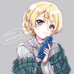 Rule 34 | 1girl, artist name, blonde hair, blue eyes, blush, braid, casual, closed mouth, commentary, darjeeling (girls und panzer), english text, gift, girls und panzer, grey sweater, head tilt, highres, holding, holding gift, kuroi mimei, light blush, looking at viewer, ribbed sweater, shawl, short hair, signature, sketch, smile, solo, sweater, turtleneck, upper body, valentine