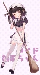Rule 34 | 1girl, alternate costume, apron, black footwear, black hair, blush, broom, brown eyes, character name, enmaided, frilled apron, frills, full body, gloves, hat, highres, holding, holding broom, kantai collection, maid, maid apron, mob cap, navel, open mouth, polka dot, polka dot background, puffy short sleeves, puffy sleeves, shoes, short hair with long locks, short sleeves, sidelocks, smile, solo, thighhighs, ukuru (kancolle), uut, waist apron, white apron, white gloves, white hat, white thighhighs