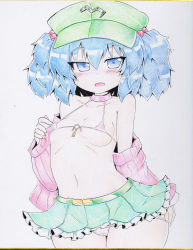 Rule 34 | 1girl, bare shoulders, blue eyes, blue hair, breasts, cameltoe, cleft of venus, covered erect nipples, female focus, hair bobbles, hair ornament, hat, heart, kawashiro nitori, key, looking at viewer, matching hair/eyes, navel, off shoulder, okiraku nikku, open mouth, panties, panty pull, ribbed sweater, shikishi, skirt, small breasts, solo, sweater, touhou, traditional media, twintails, two side up, underwear, undressing, upper body