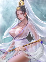 Rule 34 | 1girl, bare legs, chinese clothes, closed mouth, collaboration, facial mark, forehead mark, from side, hair bun, hao sese sheng, highres, holding, lan mao mao (41686348), long hair, long sleeves, nipples, original, sash, see-through, smile, solo, upper body, yin yang hair ornament