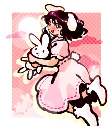 Rule 34 | 1girl, :d, :x, ankle socks, black hair, blush stickers, border, bright pupils, cloud, commentary, dot nose, dress, drop shadow, english commentary, feet up, floating hair, floppy ears, frilled socks, frills, from side, full body, hair between eyes, halftone, halftone background, highres, holding, holding stuffed toy, iincos, inaba tewi, jumping, limited palette, looking at viewer, looking to the side, no shoes, hugging object, open mouth, outside border, pink dress, pink theme, puffy short sleeves, puffy sleeves, rabbit girl, rabbit tail, red eyes, ribbon trim, short hair, short sleeves, signature, smile, socks, solo, stuffed animal, stuffed rabbit, stuffed toy, sun, sunlight, tail, touhou, wavy hair, white border, white pupils, white socks, white tail