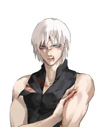 Rule 34 | 1boy, bare shoulders, black tank top, blood, blood on face, blue eyes, closed mouth, devil may cry, devil may cry (series), devil may cry 3, hair down, highres, looking at viewer, lucistomato, male focus, scar, sleeveless, solo, tank top, vergil (devil may cry), white hair