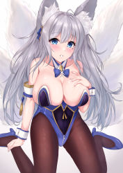 Rule 34 | 1girl, animal ear fluff, azur lane, blue eyes, breasts, brown pantyhose, full body, grey hair, hand on own chest, high heels, highres, itaba atsushi, kitsune, kyuubi, large breasts, large tail, leotard, looking at viewer, multiple tails, pantyhose, playboy bunny, purple footwear, purple leotard, shinano (azur lane), shoes, simple background, solo, strapless, strapless leotard, tail, two-tone leotard, white background, wrist cuffs, zipper