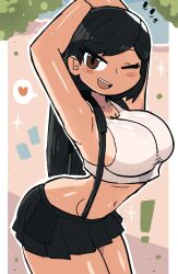 Rule 34 | !, 1girl, absurdres, arms up, black hair, black skirt, blush, breasts, brown eyes, cleavage, collarbone, crop top, final fantasy, final fantasy vii, heart, highres, large breasts, long hair, looking at viewer, midriff, navel, one eye closed, open mouth, shirt, skirt, sleeveless, sleeveless shirt, smile, sparkle, speech bubble, spoken heart, square enix, standing, suspender skirt, suspenders, teeth, thick thighs, thighs, tifa lockhart, tony welt, white shirt, wink