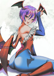 Rule 34 | 1girl, animal print, ass, bat print, blue pantyhose, blue sleeves, bob cut, boots, bridal gauntlets, detached sleeves, from behind, gradient hair, head wings, highres, knee boots, leotard, lilith aensland, long sleeves, looking at viewer, lucid luna, multicolored hair, nail polish, open mouth, pantyhose, pink hair, print pantyhose, purple hair, red eyes, red footwear, red leotard, red nails, red wings, short hair, sitting, sleeves past wrists, solo, vampire (game), wariza, wings