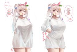 Rule 34 | 1girl, absurdres, airani iofifteen, alternate breast size, blush, breasts, cowboy shot, grey hair, hair ornament, hairband, highres, hololive, hololive indonesia, icedsolero (pixiv44011048), long hair, looking at viewer, meme, multiple views, naked shirt, no nose, open mouth, paint splatter, purple eyes, shadow, shirt, short sleeves, simple background, speech bubble, talking, thick thighs, thighs, virtual youtuber, white background