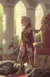Rule 34 | 1girl, armor, armored boots, bigrbear, blonde hair, blood, bloody weapon, boots, braid, breastplate, breath, cape, column, commentary, corpse, crown, day, elf, english commentary, french braid, full body, green eyes, hand up, highres, holding, holding sword, holding weapon, legs apart, light blush, looking at viewer, open mouth, original, parted bangs, pillar, pointy ears, ponytail, red cape, short hair, solo, standing, sword, thigh boots, thighs, throne, unsheathed, weapon