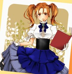 Rule 34 | 1girl, alternate costume, bardon, book, clothes lift, dragon quest, dragon quest viii, dress, dress lift, earrings, frilled dress, frills, gloves, jessica albert, jewelry, long hair, looking at viewer, orange hair, red eyes, smile, solo, twintails, white gloves
