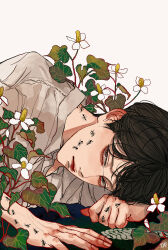 Rule 34 | 1boy, absurdres, animal, animal on face, animal on hand, ant, brown eyes, brown hair, bug, closed mouth, collared shirt, fingernails, flower, grey shirt, highres, insect, kagoya1219, leaf, looking at viewer, lying, male focus, on side, original, plant, shirt, short hair, simple background, solo, upper body, white background, white flower