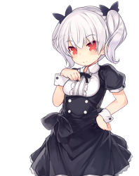 Rule 34 | 1girl, black bow, black dress, bow, breasts, closed mouth, collared shirt, dress, hair between eyes, hair bow, hand on own hip, hand on own chest, kurasuke, looking at viewer, original, puffy short sleeves, puffy sleeves, red eyes, shirt, short sleeves, silver hair, simple background, small breasts, smile, solo, twintails, white background, white shirt, wrist cuffs
