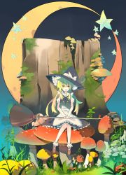 Rule 34 | 1girl, akimaki yuu, alternate hairstyle, apron, blonde hair, bow, braid, broom, crescent moon, fly agaric, full body, gradient background, hair bow, hair ornament, hat, hat ribbon, highres, kirisame marisa, long hair, looking at viewer, mary janes, md5 mismatch, moon, mushroom, nature, puffy sleeves, resized, ribbon, shirt, shoes, short sleeves, sitting, skirt, skirt set, socks, solo, star (symbol), touhou, turtleneck, twin braids, vest, waist apron, white socks, witch hat, yellow eyes