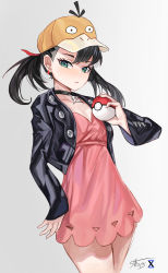 Rule 34 | 1girl, absurdres, black choker, black jacket, blush, brown hat, choker, closed mouth, collarbone, creatures (company), dress, earrings, game freak, gen 1 pokemon, gradient background, green eyes, hat, highres, holding, holding poke ball, jacket, jewelry, lan xiezi, long hair, marnie (pokemon), nintendo, pink dress, poke ball, poke ball (basic), pokemon, pokemon (creature), pokemon swsh, psyduck, signature, single earring, sleeves past wrists, solo, twintails, twintails day