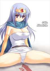 Rule 34 | abu, bad id, bad pixiv id, blue hair, blush, breasts, cape, chunsoft, circlet, cleavage, dragon quest, dragon quest iii, elbow gloves, enix, gloves, large breasts, long hair, panties, purple eyes, sage (dq3), sexually suggestive, sitting, smile, solo, spread legs, underwear, white panties