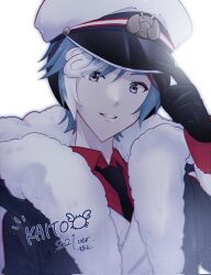 Rule 34 | 1boy, black coat, black gloves, black necktie, blue eyes, blue hair, character name, coat, commentary, fur-trimmed coat, fur-trimmed sleeves, fur trim, gloves, hand up, hat, hat tip, highres, holding, holding clothes, holding hat, jacket, kaito (vocaloid), looking at viewer, male focus, military, military uniform, naval uniform, necktie, parang 99, parted lips, peaked cap, red shirt, shirt, signature, smile, solo, uniform, upper body, vocaloid, wavy hair, white hair, white jacket, yuki kaito (2022)