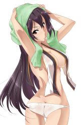 Rule 34 | 10s, 1girl, ass, black hair, breasts, butt crack, cowboy shot, covered erect nipples, highres, iga tamaki, kantai collection, looking back, nagato (kancolle), panties, red eyes, simple background, solo, towel, towel on head, twisted torso, underwear, wet, wet clothes, white panties