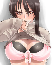 Rule 34 | 1girl, bra, breasts, brown hair, cleavage, clothes lift, front-tie top, kurozako, large breasts, lifting own clothes, original, red eyes, solo, sweater, sweater lift, underwear