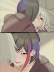 Rule 34 | 2girls, 2koma, aoba moca, bad id, bad pixiv id, bang dream!, black hair, blue eyes, blurry, blurry foreground, blush, bob cut, casual, comic, from above, from below, girl on top, grey hair, highres, looking at another, lying, mitake ran, multicolored hair, multiple girls, nochita shin, on back, open mouth, red eyes, short hair, streaked hair