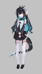 Rule 34 | 1girl, black dress, black footwear, black hair, blue eyes, blue hair, blush, closed mouth, colored inner hair, crown, detached sleeves, dress, full body, grey background, haiz (vtuber), highres, long sleeves, looking at viewer, monstar (company), multicolored hair, shoes, short dress, simple background, skindentation, slit pupils, solo, tail, thighhighs, two-tone hair, veil, virtual youtuber, white thighhighs, whitem (whiteemperor2020), zettai ryouiki