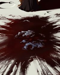 Rule 34 | 1girl, absurdres, black dress, blonde hair, blood, blood on clothes, blood splatter, chinese commentary, commentary request, dress, fish, highres, junko (touhou), long hair, out of frame, rin reycamoy, touhou, weibo logo, weibo watermark