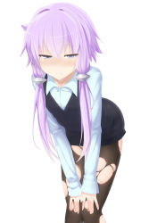 Rule 34 | 1girl, abmayo, closed mouth, formal, half-closed eyes, hand on own knee, highres, leaning, leaning forward, legs together, pantyhose, purple eyes, purple hair, simple background, solo, suit, torn clothes, torn pantyhose, twintails, vocaloid, voiceroid, white background, yuzuki yukari