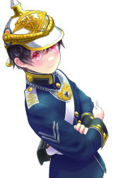 Rule 34 | 1girl, ammunition pouch, black hair, blue jacket, cigarette, closed mouth, german army, hair between eyes, hat, helmet, highres, holding, holding cigarette, jacket, karasumi (sumizono), looking at viewer, military, military hat, military jacket, military uniform, original, pickelhaube, pink eyes, pouch, short hair, simple background, smile, smoking, solo, uniform, white background, world war i