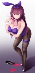 Rule 34 | 1girl, animal ears, bare shoulders, bottle, bow, bowtie, breasts, bust cup, cleavage, commentary request, cup, detached collar, drinking glass, fake animal ears, fate/grand order, fate (series), fishnet pantyhose, fishnets, gradient background, high heels, highres, large breasts, leaning forward, leotard, mku, official alternate costume, pantyhose, playboy bunny, rabbit ears, scathach (fate), scathach (piercing bunny) (fate), smile, solo, strapless, strapless leotard, wine bottle, wine glass, wrist cuffs