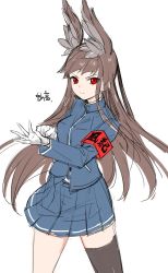 Rule 34 | 1girl, adjusting clothes, adjusting gloves, animal ears, armband, azur lane, black thighhighs, blue jacket, blue skirt, brown hair, closed mouth, cowboy shot, frown, gloves, highres, jacket, legs apart, long hair, long sleeves, looking at viewer, myoukou (azur lane), pleated skirt, red eyes, simple background, single thighhigh, sketch, skirt, solo, tetsu (kimuchi), thighhighs, v-shaped eyebrows, very long hair, white background, white gloves