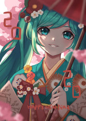 Rule 34 | 1girl, 2020, absurdres, bad id, bad pixiv id, blurry, blurry foreground, cherry blossoms, dappled sunlight, floral print, flower, grin, hair flower, hair ornament, happy new year, hatsune miku, highres, holding, holding umbrella, japanese clothes, kimono, long hair, looking at viewer, new year, oil-paper umbrella, parted lips, ribbon, shiina0227, smile, solo, sunlight, twintails, umbrella, upper body, vocaloid