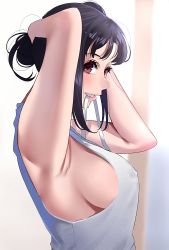 Rule 34 | 10s, 1girl, absurdres, blue hair, blush, bow, breasts, hair tie in mouth, highres, huge filesize, igarashi kyouhei, incredibly absurdres, kazuno sarah, large breasts, long hair, looking at viewer, love live!, love live! sunshine!!, md5 mismatch, mouth hold, no bra, pink eyes, purple hair, resized, resolution mismatch, sideboob, simple background, smile, solo, tying hair, upper body, upscaled
