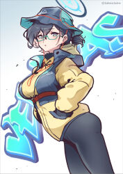 Rule 34 | 1girl, aqua-framed eyewear, black gloves, black hair, black pants, black vest, blue archive, breasts, chihiro (blue archive), chihiro (camp) (blue archive), commentary request, cowboy shot, cropped vest, glasses, gloves, green eyes, hair between eyes, halo, hands in pockets, hat, highres, hood, hood down, hooded jacket, hooded vest, hoodie, jacket, large breasts, long sleeves, looking at viewer, official alternate costume, pants, parted lips, semi-rimless eyewear, short hair, sidelocks, solo, standing, takeclaire, tight clothes, tight pants, underbust, vest, white background, yellow jacket