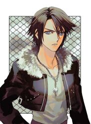 Rule 34 | 1boy, black jacket, blue eyes, brown hair, buckle, chain-link fence, commentary request, cropped jacket, day, fence, final fantasy, final fantasy viii, frown, fur-trimmed jacket, fur trim, hand on own hip, highres, jacket, jewelry, light frown, long sleeves, male focus, necklace, outdoors, scar, scar on face, shirt, short hair, solo, squall leonhart, standing, tdmmt r, v-neck, white shirt