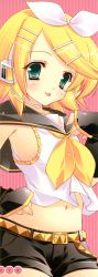 Rule 34 | 1girl, absurdres, blonde hair, blush, breasts, green eyes, headphones, headset, highres, kagamine rin, long image, midriff, navel, shigunyan, short hair, shorts, sideboob, small breasts, solo, stick poster, tall image, vocaloid