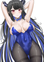Rule 34 | 1girl, absurdres, armpits, bare shoulders, black hair, black pantyhose, blue bow, blue bowtie, blue hair, blue leotard, blush, bow, bowtie, breasts, breasts apart, collarbone, colored inner hair, covered erect nipples, covered navel, cowboy shot, curvy, detached collar, dutch angle, from below, gluteal fold, highleg, highleg leotard, highres, hololive, hololive english, horns, large breasts, leotard, linea alba, long hair, looking at viewer, mole, mole under eye, multicolored hair, nerissa ravencroft, pantyhose, parted lips, playboy bunny, rebelium, red eyes, simple background, solo, strapless, strapless leotard, thigh gap, thighband pantyhose, traditional bowtie, two-tone hair, very long hair, virtual youtuber, white background, wide hips, wrist cuffs