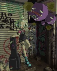 Rule 34 | 1girl, alley, alternate costume, asymmetrical footwear, bad proportions, bangs pinned back, black dress, blue eyes, blush, boots, collar, creatures (company), dress, forehead, full body, game freak, gen 1 pokemon, graffiti, guitar case, hair bobbles, hair ornament, headphones, highres, instrument case, koffing, leaning back, long legs, looking at viewer, mismatched footwear, mixed media, mkrn grtn, nintendo, off-shoulder shirt, off shoulder, overhead door, photo background, pinafore dress, pink shirt, platinum blonde hair, poke ball, poke ball (basic), pokemon, pokemon (creature), pokemon bw2, poster (object), roxie (pokemon), shirt, short dress, short hair, sleeveless, sleeveless dress, standing, standing on one leg, sticker, studded bracelet, thigh strap, tongue, tongue out, torn clothes, trash bag, tsurime, weezing, white hair